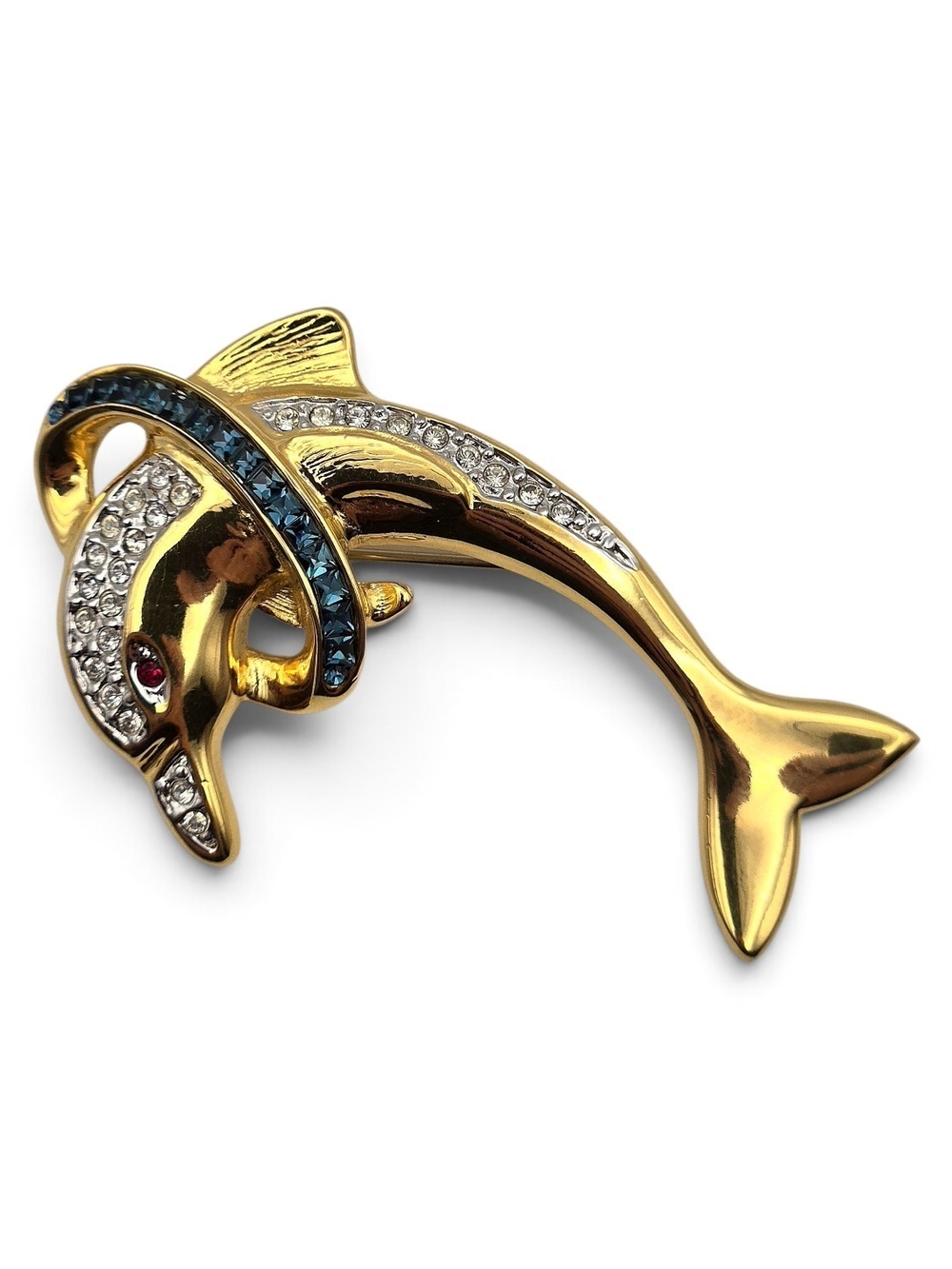 Gold Dolphin Crystal Brooch with Blue and Clear Stones - Unbranded